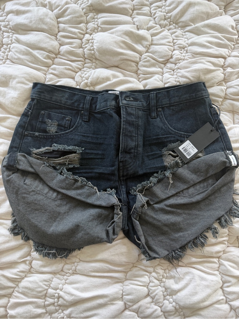 One Teaspoon Fox Black Bandit Distressed Raw Hem Denim Shorts